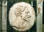 Fot. 1. Relief z katedry w Pawii przedstawiający Attylę na wzór antycznych medalionów z napisem Attila flagellum Dei – Attyla, bicz Boży (J-Y. Marin 1990).