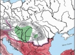 Fot. 1. Kaganat Awarski w Europie środkowej ok. roku 600; wg W. Pohl (1988, mapa 1) przerysowała I. Jordan. a) Cesarstwo Bizantyńskie (bez podbojów Justyniana I [527-568]); b) Cesarstwo Bizantyńskie po podbojach Justyniana I; c) hipotetyczny zasięg Kaganat