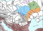 Mapa 1. Słowiańszczyzna w pierwszej poł. VI w. w świetle danych archeologicznych oraz przekazów pisanych (nazwy łacińskie); wg M. Parczewski (2005, ryc. 1), przerysowała I. Jordan. a – kultura praska; b – kultura pieńkowska; c – kultura Kołoczyn; d – kultu