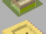 Fig. 1. Kraków – Nowa Huta Wyciąże, site 5B, feature no. 1 – Early Slav pit-hut; from P. Poleska, J. Bober, M. Krąpiec (2005, Fig. 1), drawing J. Poleski. At bottom – axonometric projection, at top – the construction technique.