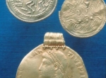 Fig. 4. Zagorzyn, obverse of a Constantius II medallion struck at Rome in 356, two Scandinavian bracteats type B and C (Landesmuseum Stuttgart).